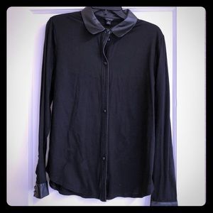 Ann Taylor Faux Leather Trim Button Down Shirt SZM